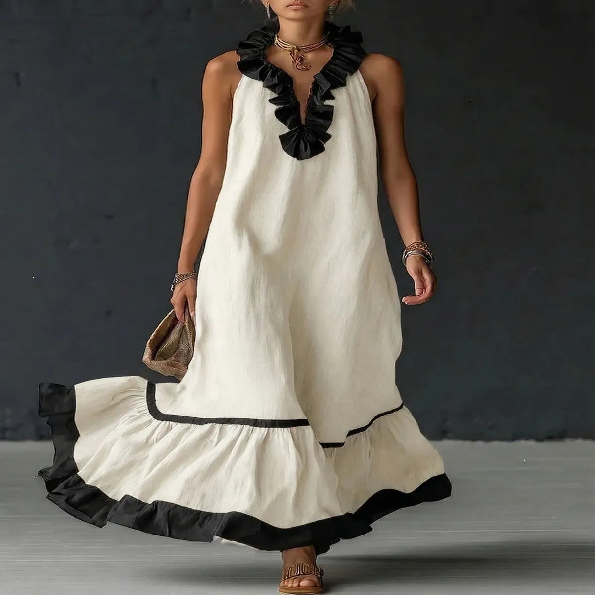 Contrast Ruffle V-Neck Sleeveless Maxi Dress