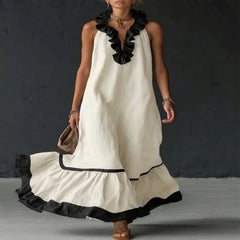 Contrast Ruffle V-Neck Sleeveless Maxi Dress