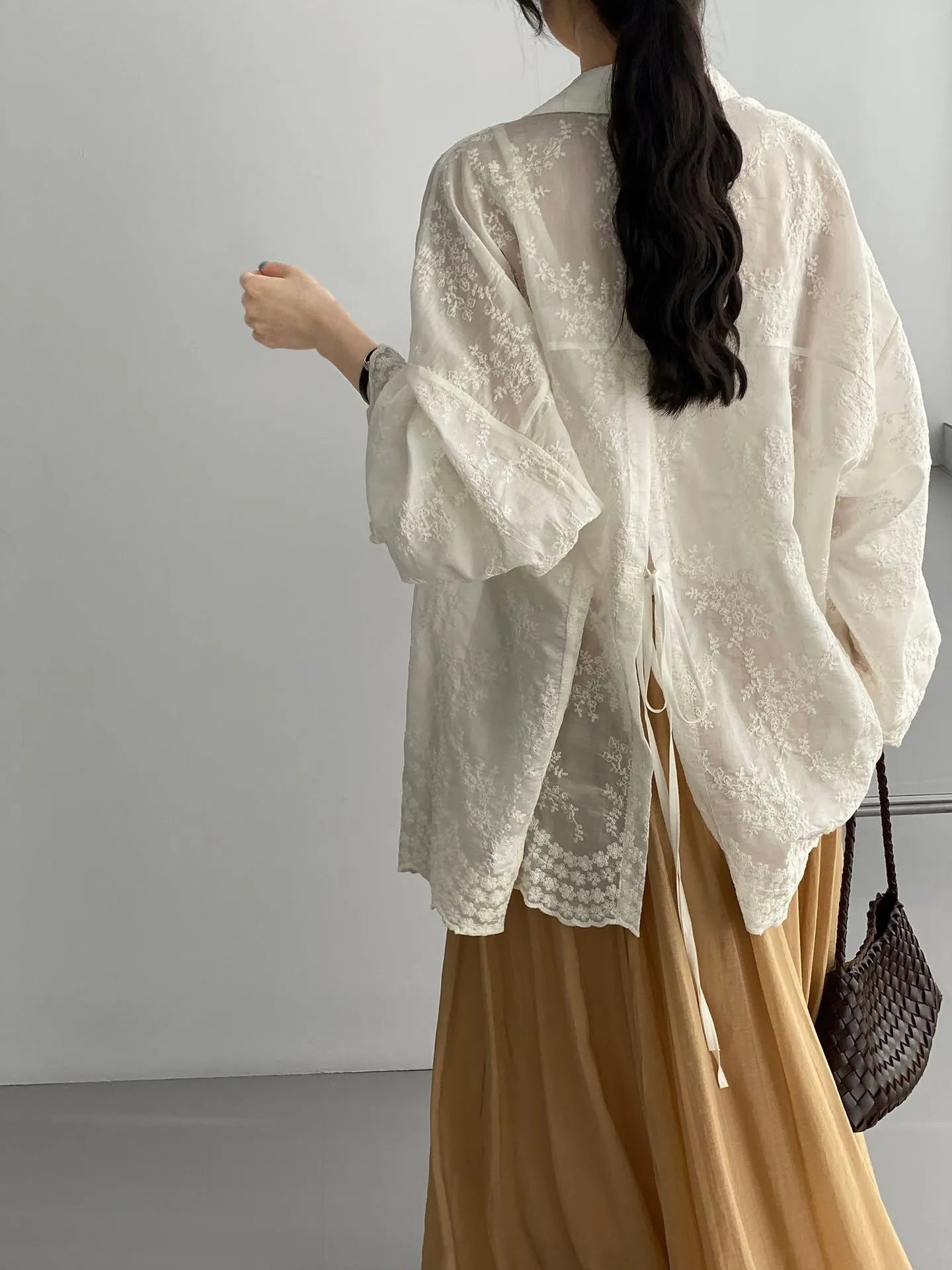 Floral Embroidery Back Tie Sheer Bubble Long Sleeve Oversized Shirt