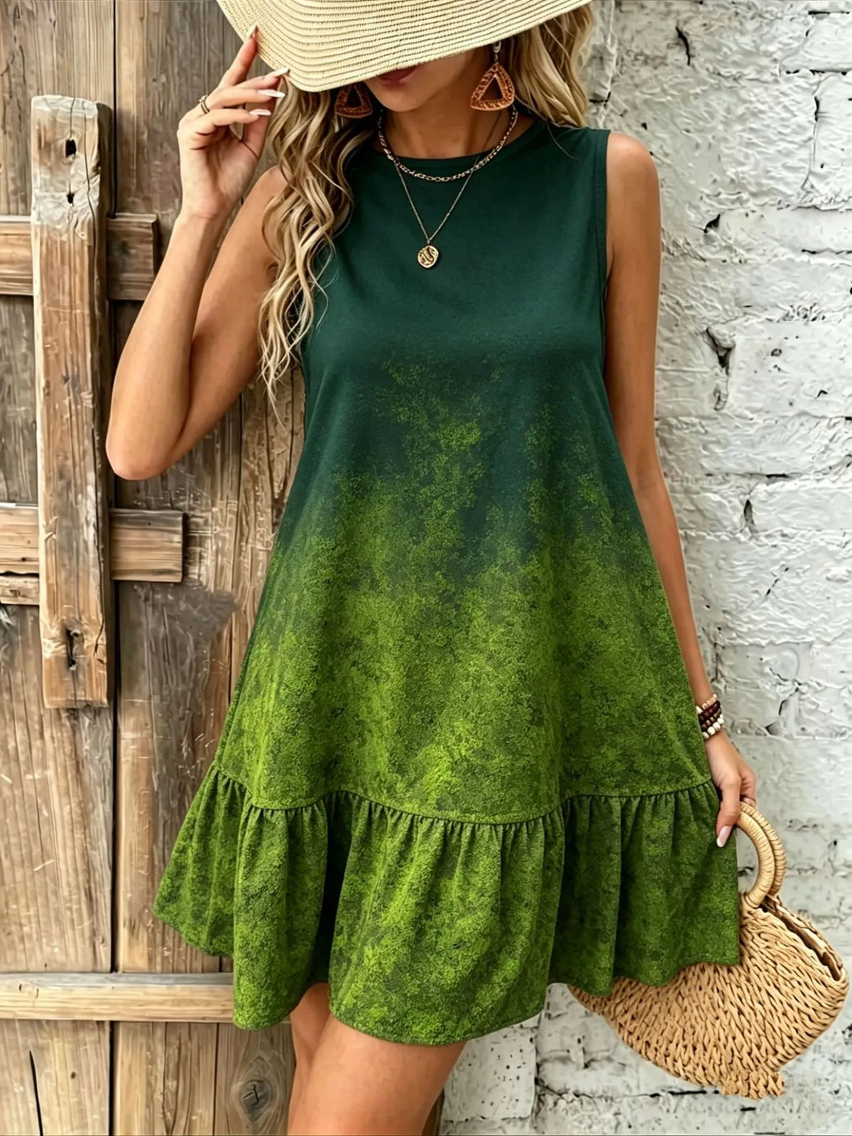 Green Gradient Round Neck Sleeveless Ruffle Hem Mini Dress