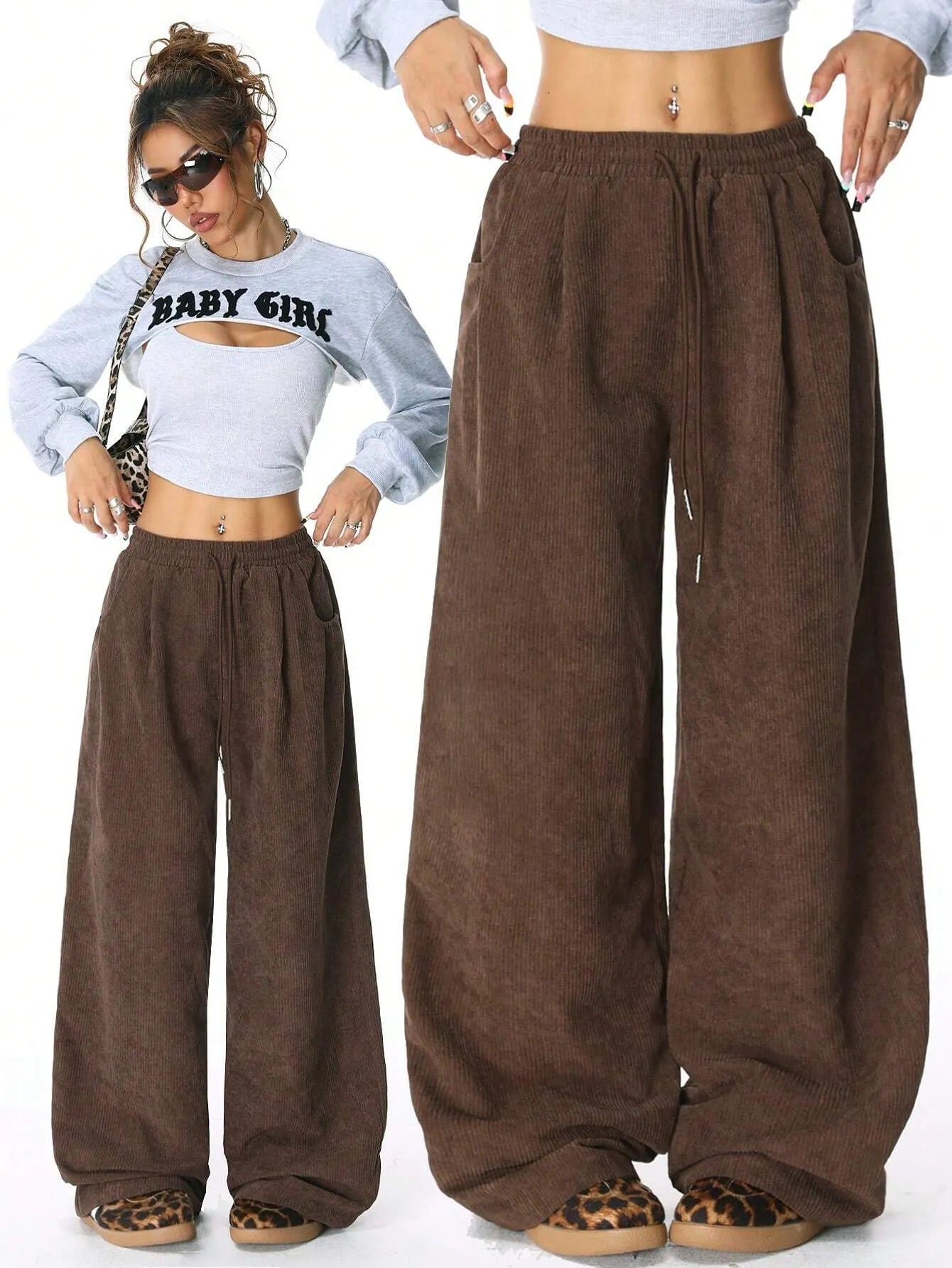 Corduroy Drawstring Loose Wide Leg Pants