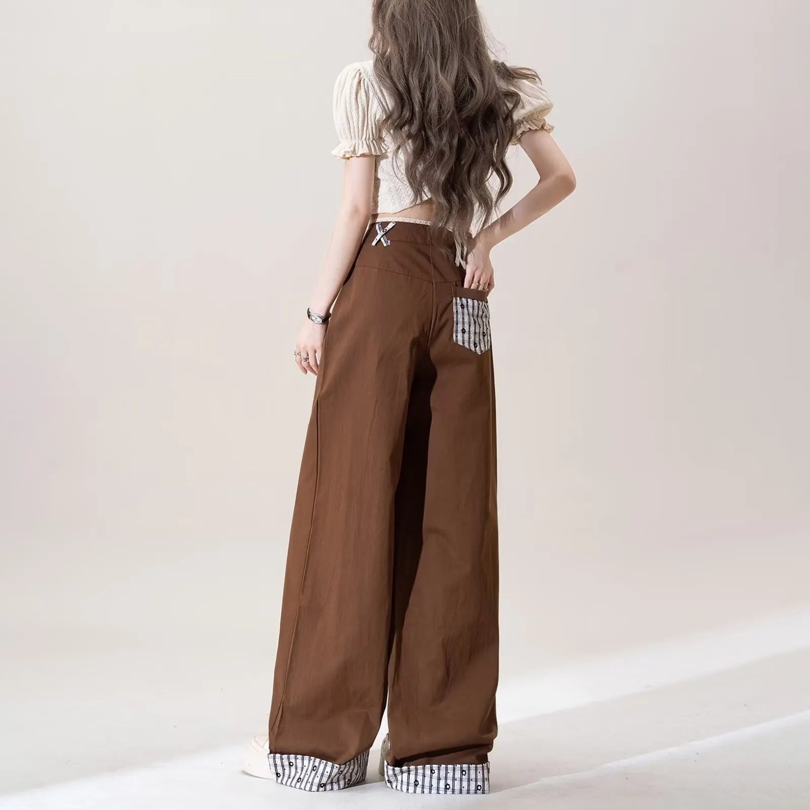 Printed Flare Work Pants | High Waist Cartoon Embroidery Washed Cotton Wide Flare Casual Trousers