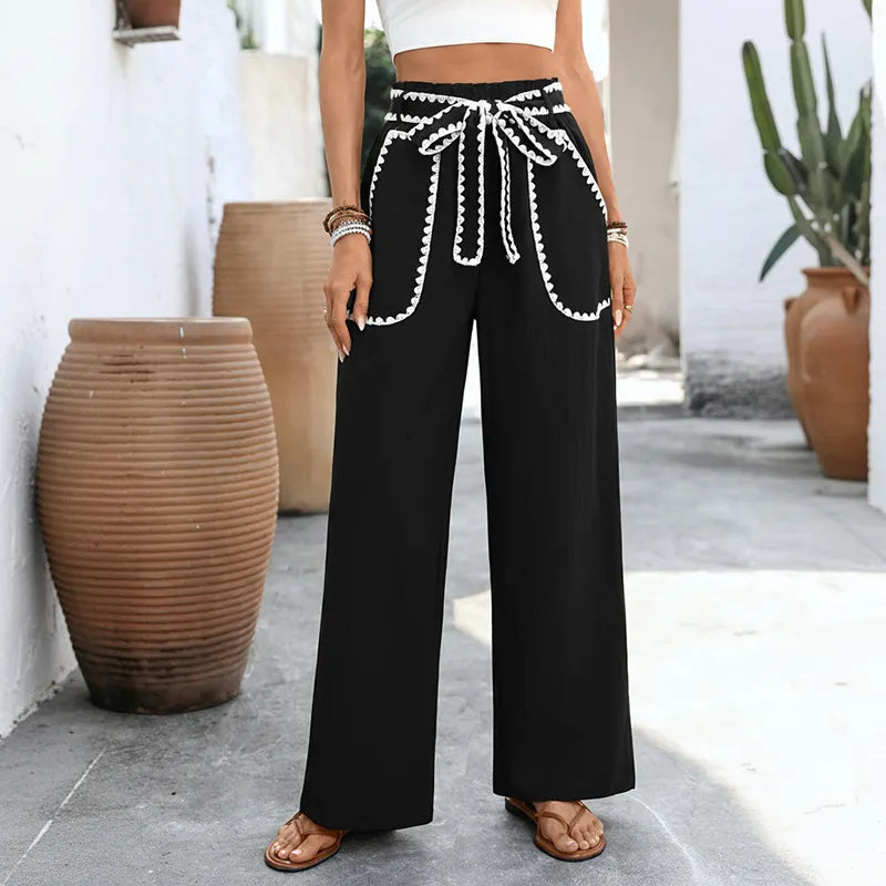 Contrast Lace Trim Wide Leg Pants - High Waist Tie Front Casual Trousers