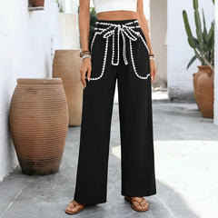 Contrast Lace Trim Wide Leg Pants - High Waist Tie Front Casual Trousers