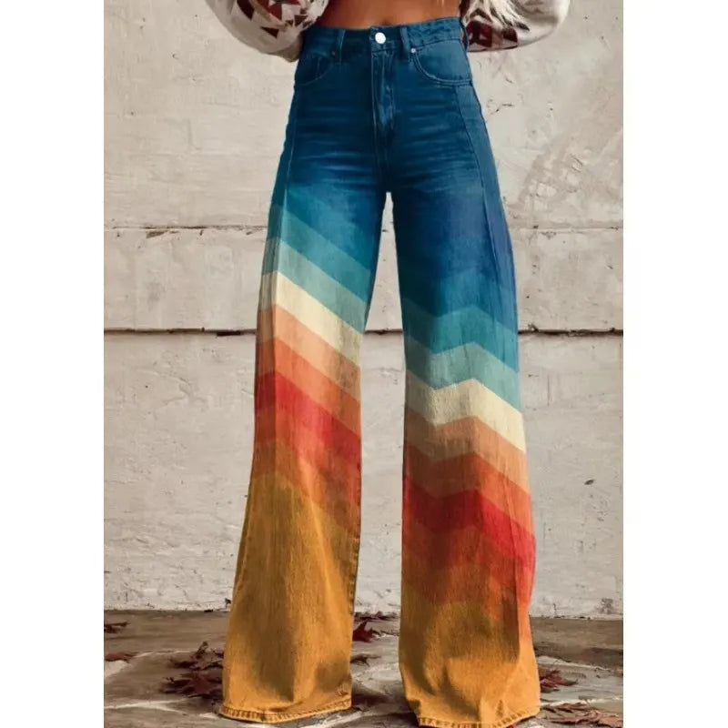 High Waist Western Cowboy Horse Print Wide Leg Pants