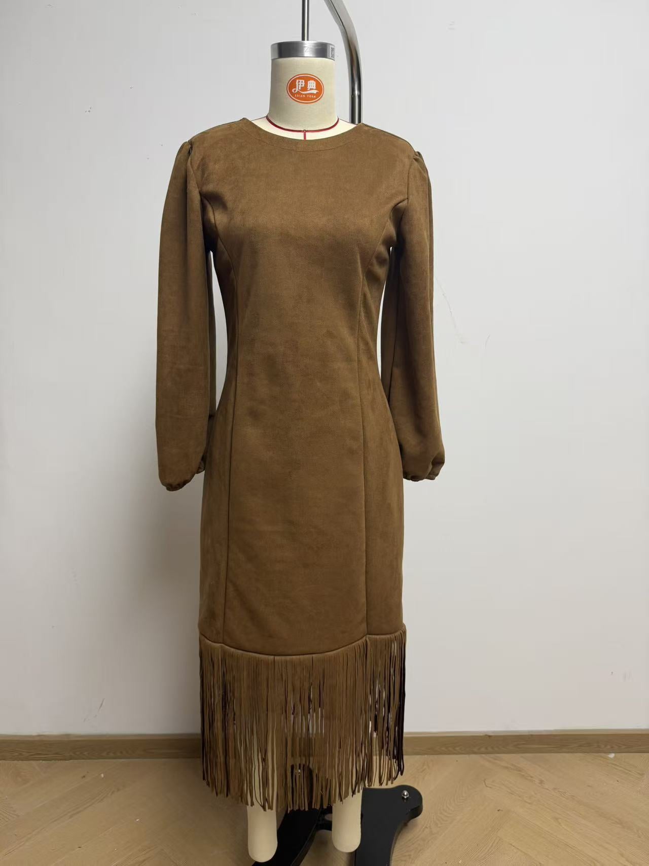 Fall Western Style Burgundy Faux Suede Dress Puff Sleeve Fringe Trim Side Slit Midi Dress for Women