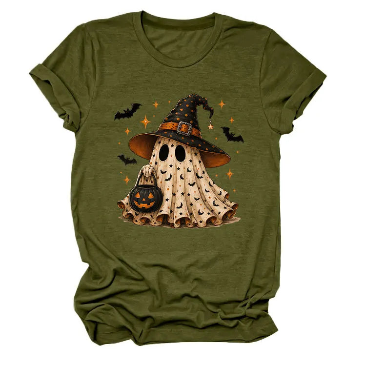 Halloween Ghost Witch Bat Print Crew Neck Short Sleeve T‑Shirt