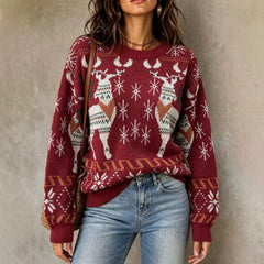 Reindeer Snowflake Jacquard Round Neck Pullover Sweater