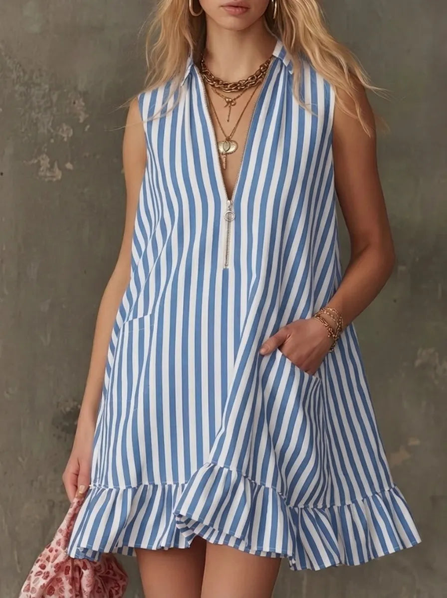 V-Neck Sleeveless Striped Ruffle Hem Loose A-Line Mini Dress