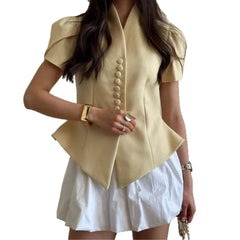 V-Neck Puff Sleeve Button Front Peplum Blouse