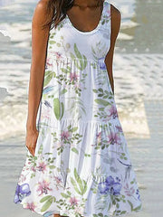 Floral Print Sleeveless Round Neck Tiered Midi Dress