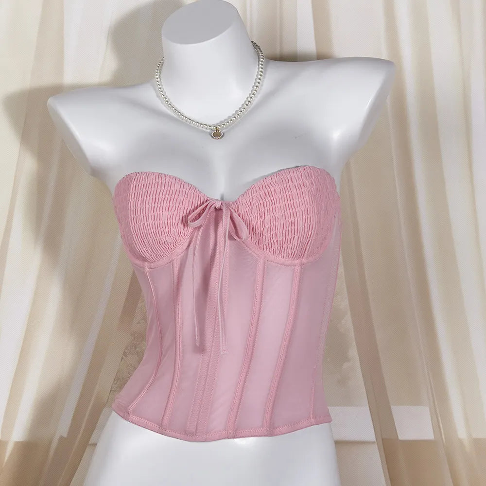 Strapless Smocked Front Bow Mesh Corset Tube Top