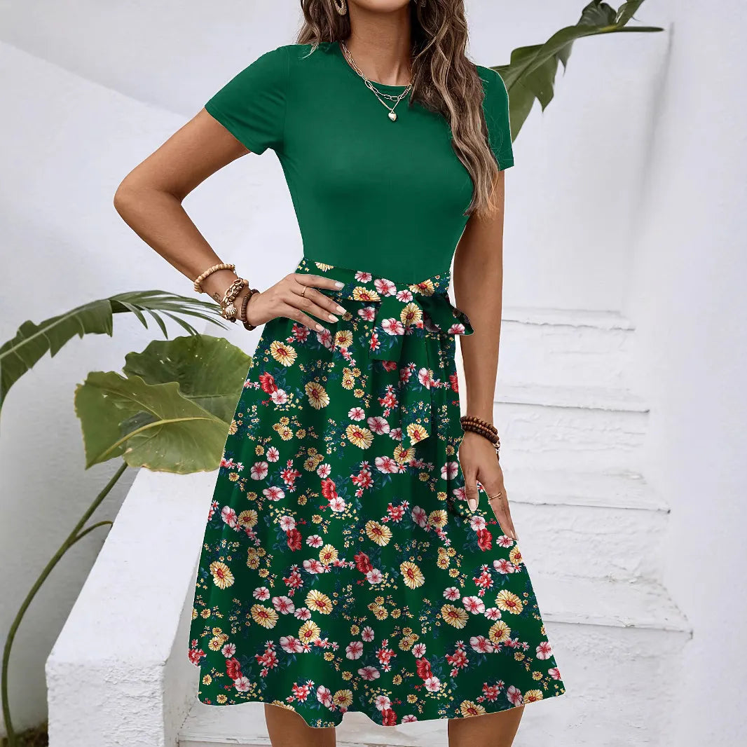 Color Block Floral Tie Waist A-Line Midi Dress Round Neck Short Sleeve Elegant Campus Daily Dress