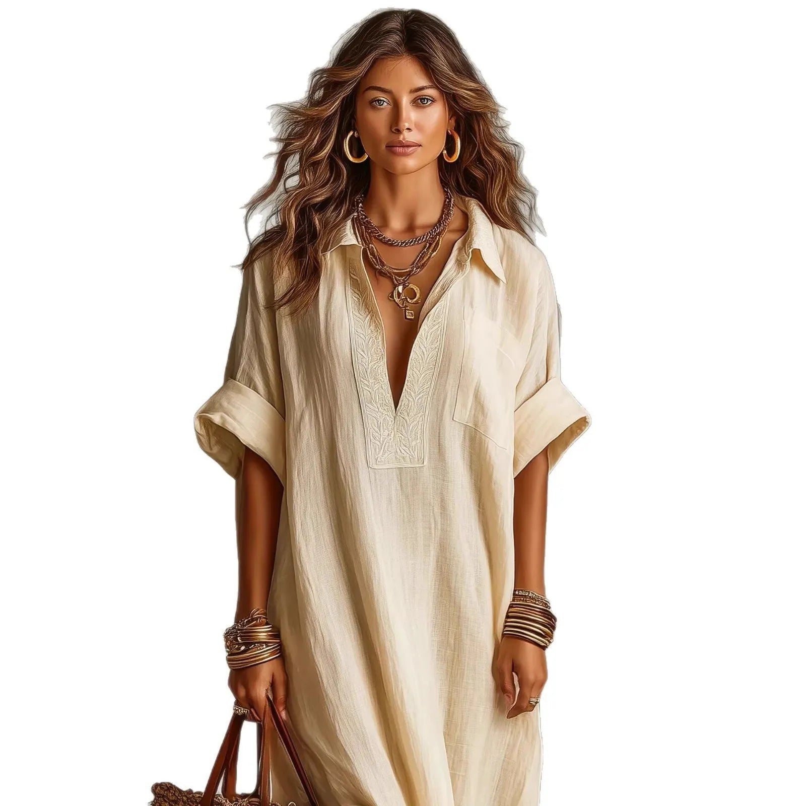 Lapel Half Button Roll Up Sleeve Loose A-Line Maxi Shirt Dress