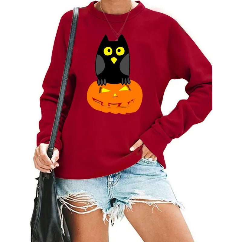 Halloween Owl Pumpkin Print Crew Neck Sweatshirt