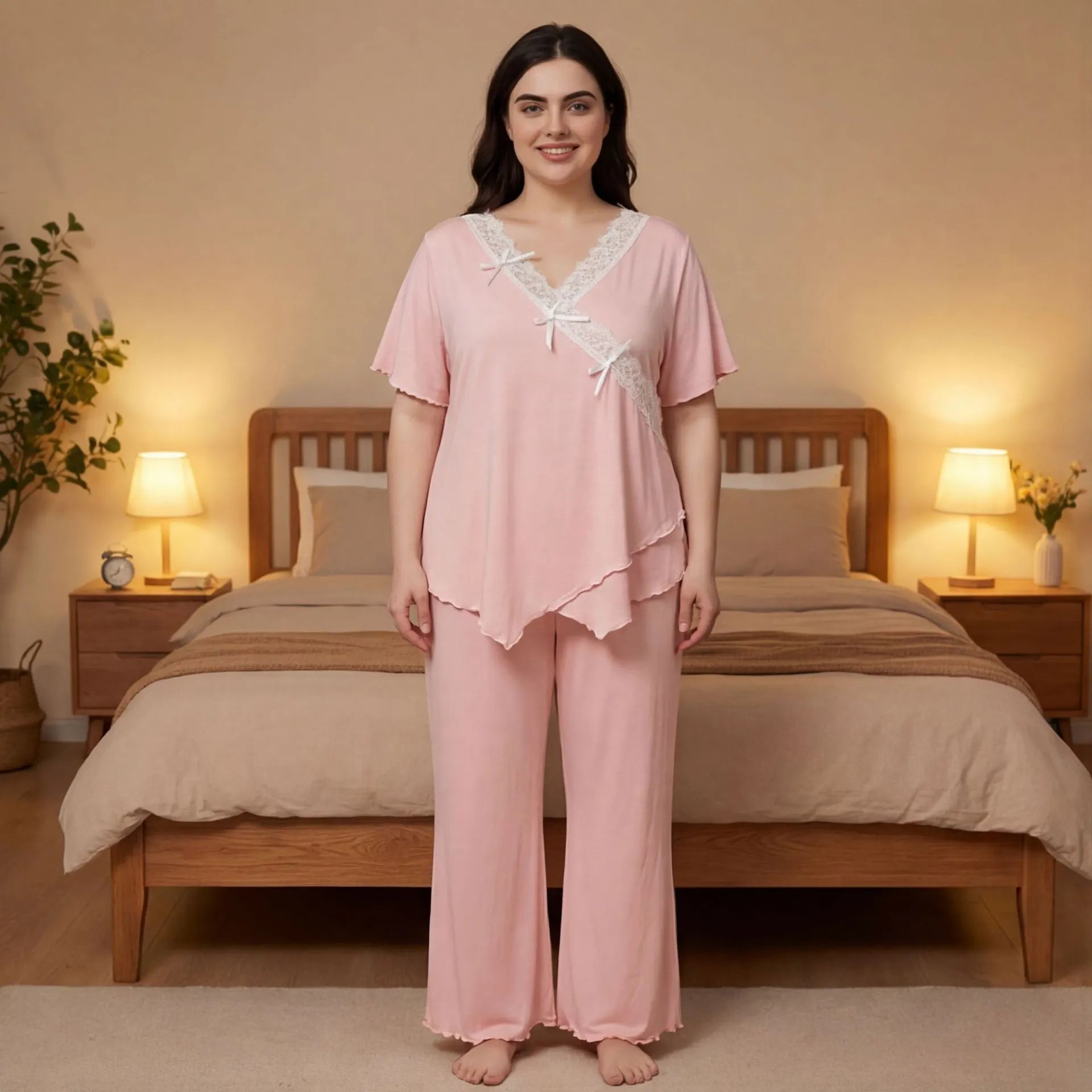 Curvy Ladies 2 Piece Sleepwear, Black Wrap Style Lace Trim Short Sleeve Top & Wide Leg Pants Pj Set