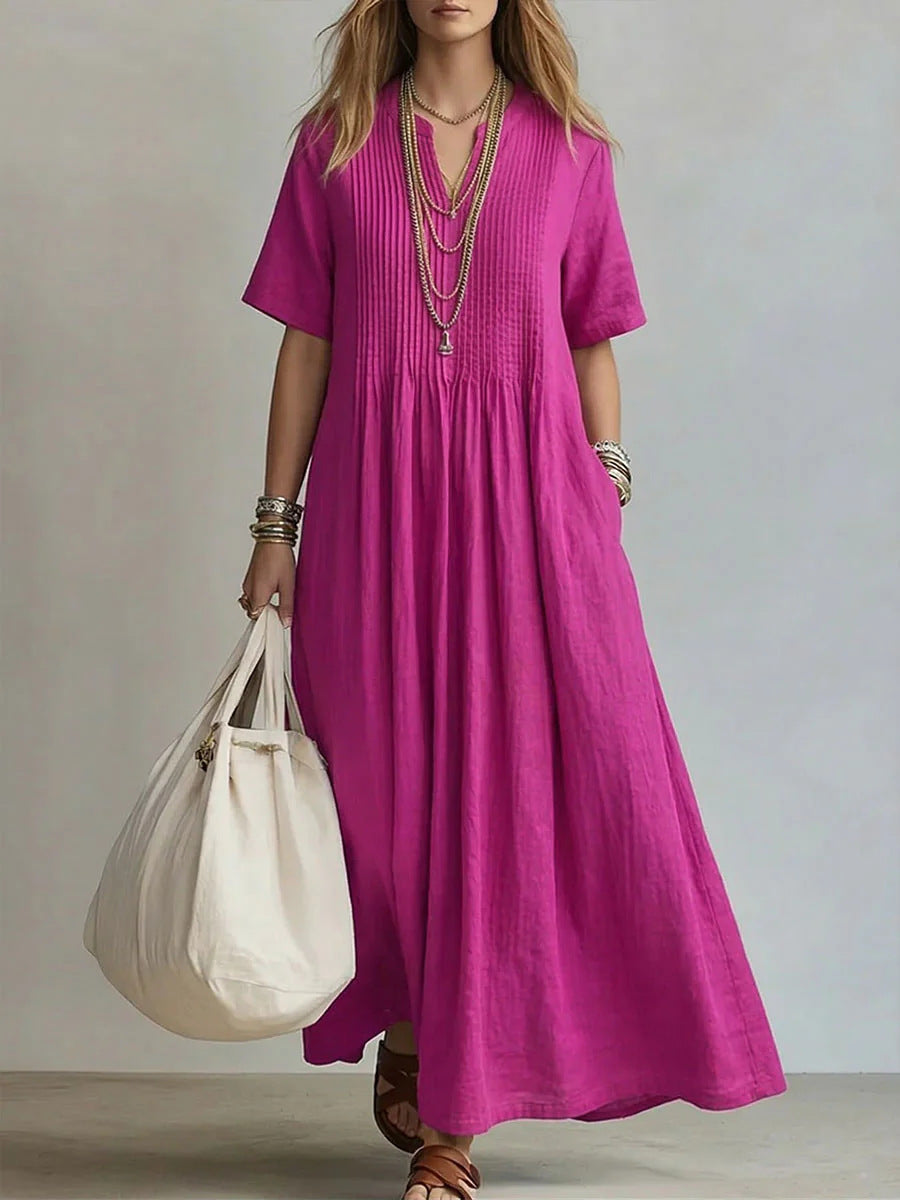 Solid Color V-Neck Pleated Loose Cotton Linen Maxi Casual Dress