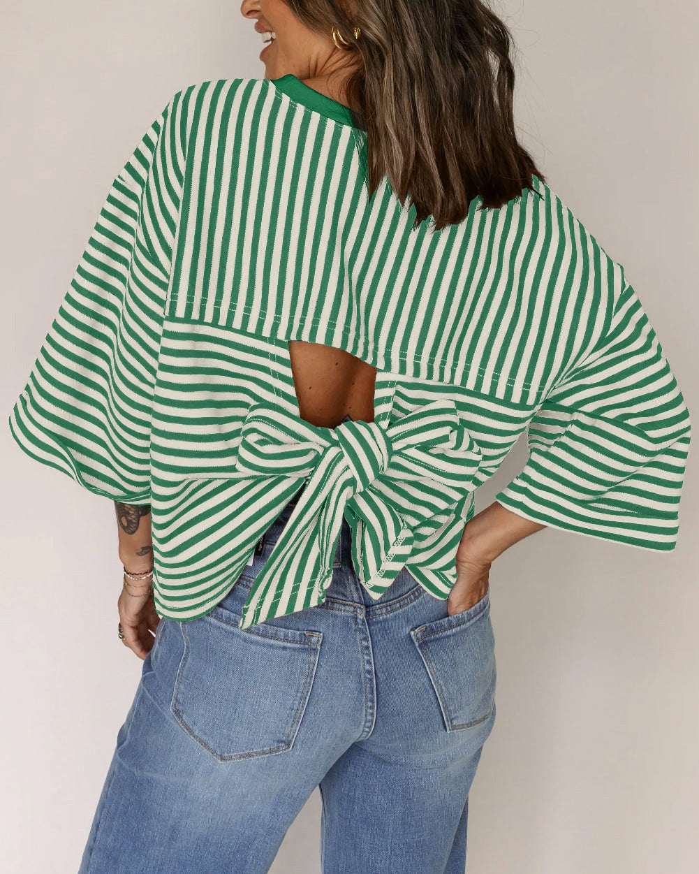 Crew Neck Horizontal Striped Loose Short Horn Sleeve Casual T-Shirt