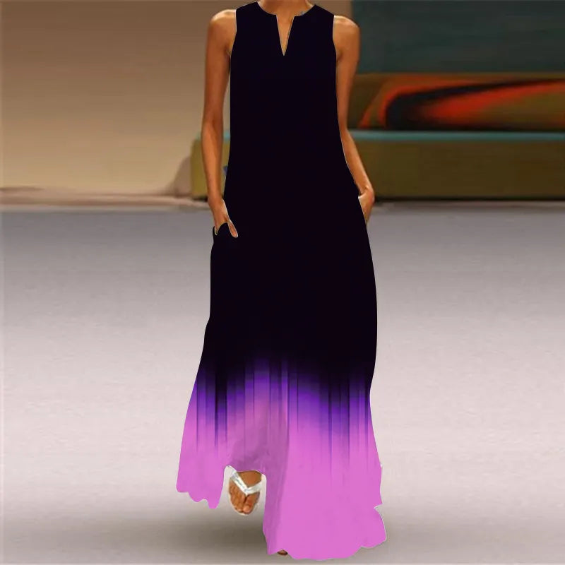 3D Butterfly Print V-Neck Sleeveless Loose A-Line Maxi Dress