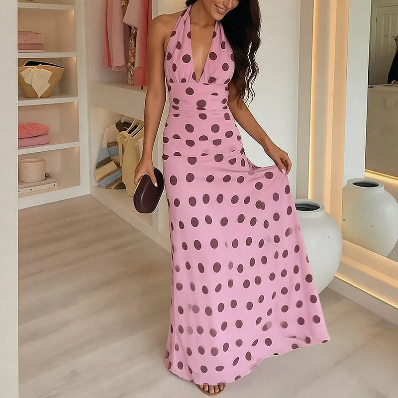 Polka Dot Halter Neck Maxi Dress