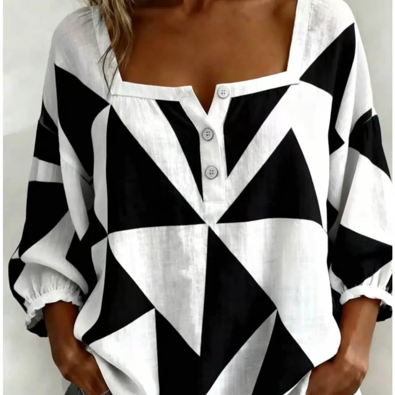Plaid Square Neck Button Front Bubble 7/4 Sleeve Loose Casual Blouse