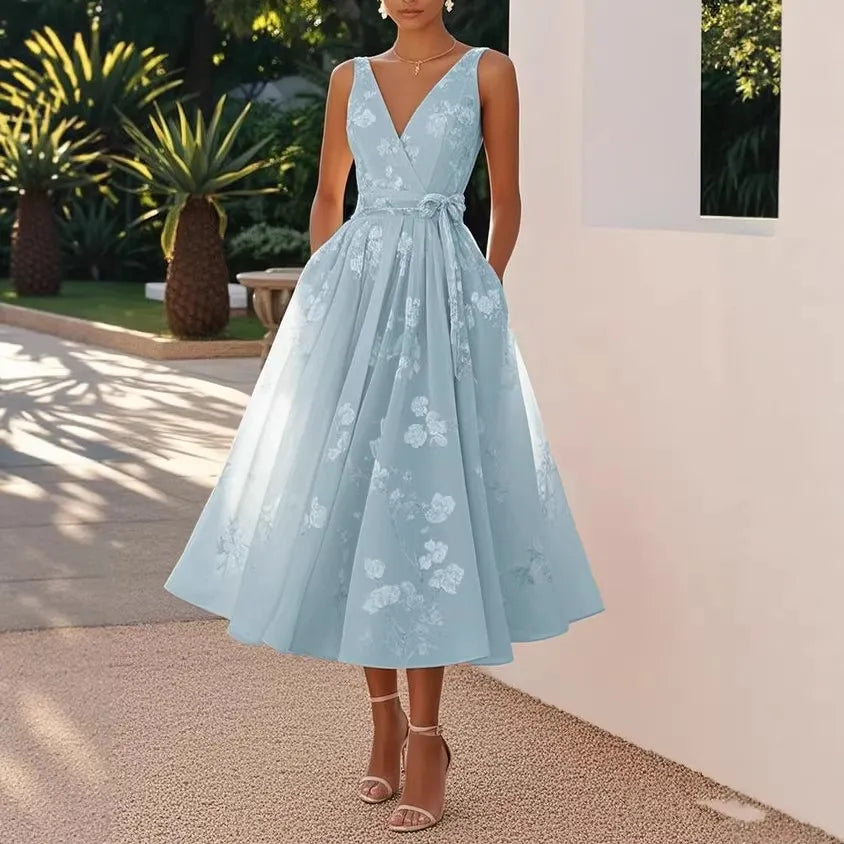 Light Pink V-Neck Sleeveless A-Line Midi Dress