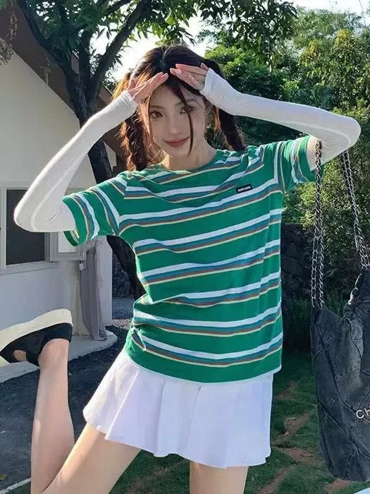 Round Neck Colorful Striped Loose Short Sleeve Cotton T-Shirt