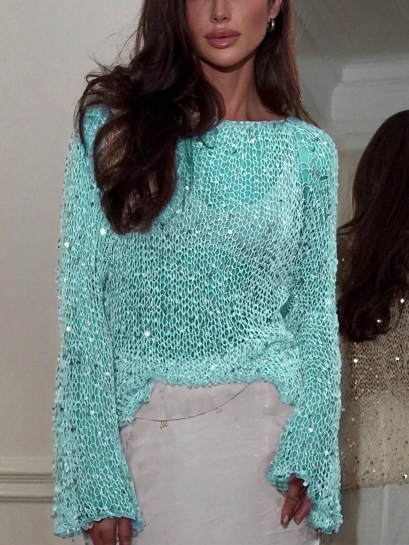 Sparkly Sequin Crochet Mesh Top, Boat Neck Long Bell Sleeve Sheer Knit