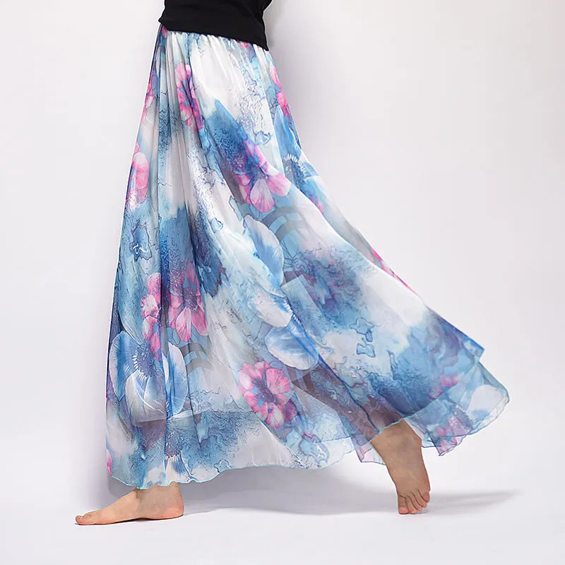 Floral Print Chiffon Maxi Skirt High Waist Flowy A-Line Skirt
