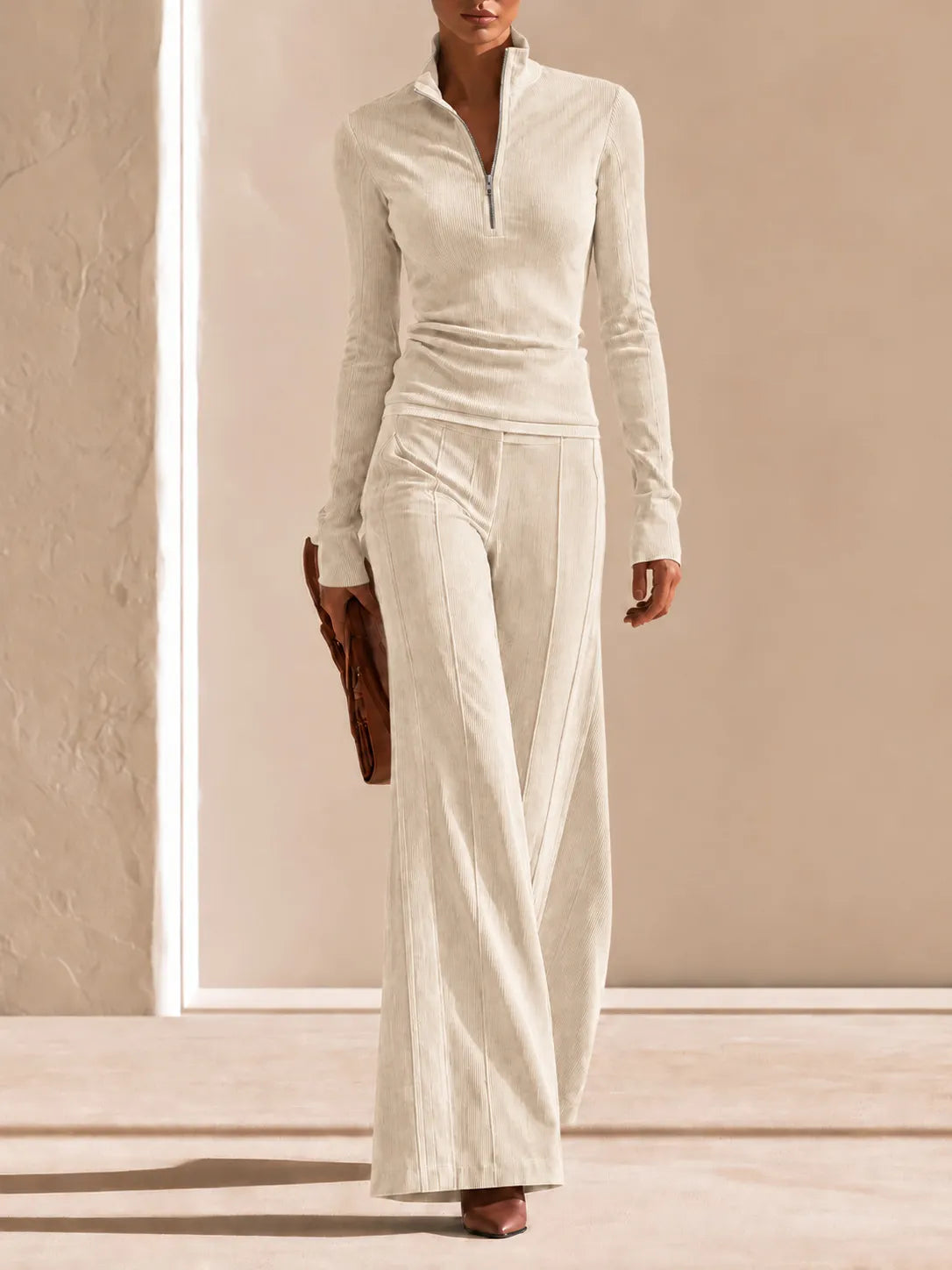 Ribbed Corduroy Matching Set Long Sleeve Quarter Zip Top High Waist Flare Trousers