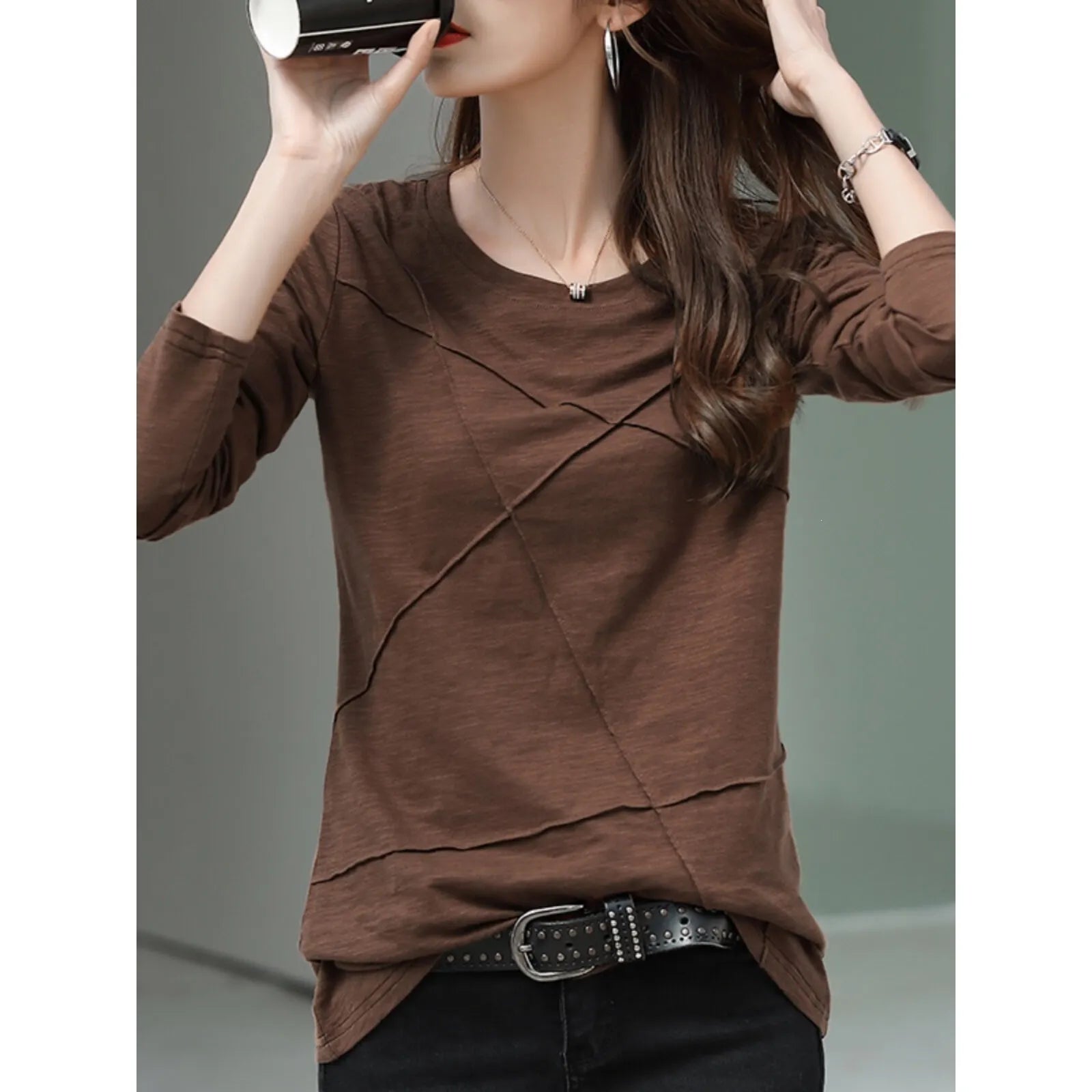 Solid Round Neck Spliced Grinding Pure Cotton Long Sleeve Slim Fit T-Shirt