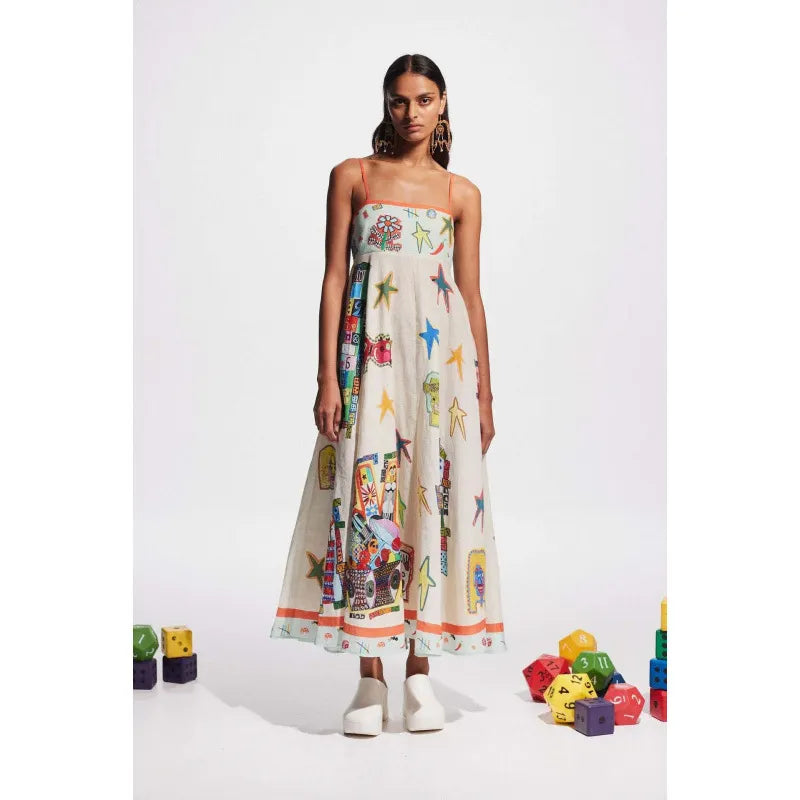 Whimsical Art Print Spaghetti-Strap Maxi Dress
