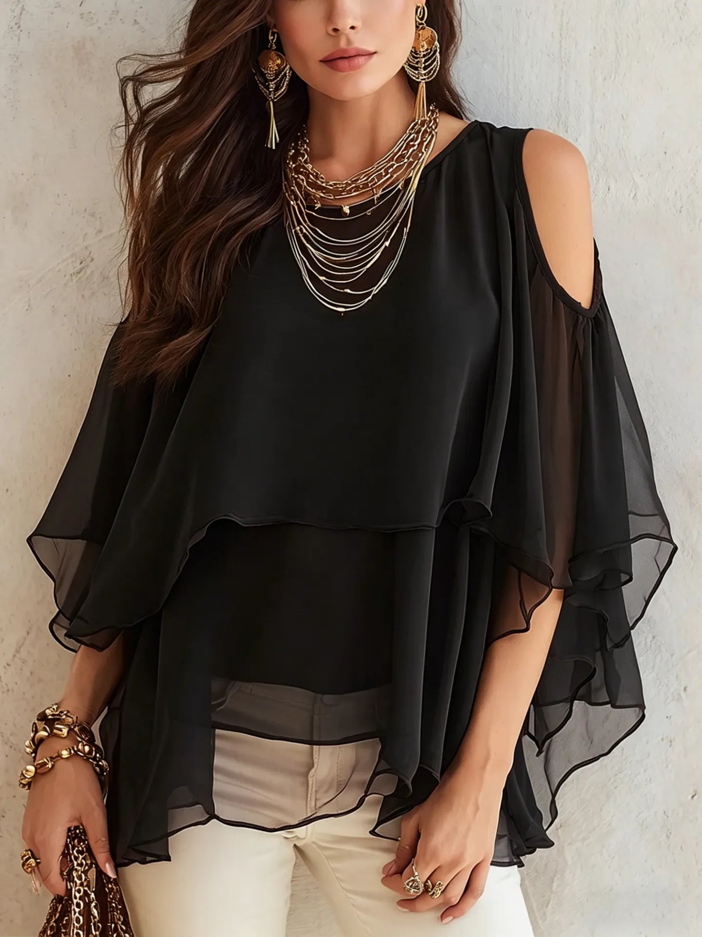 Cold Shoulder Chiffon Blouse