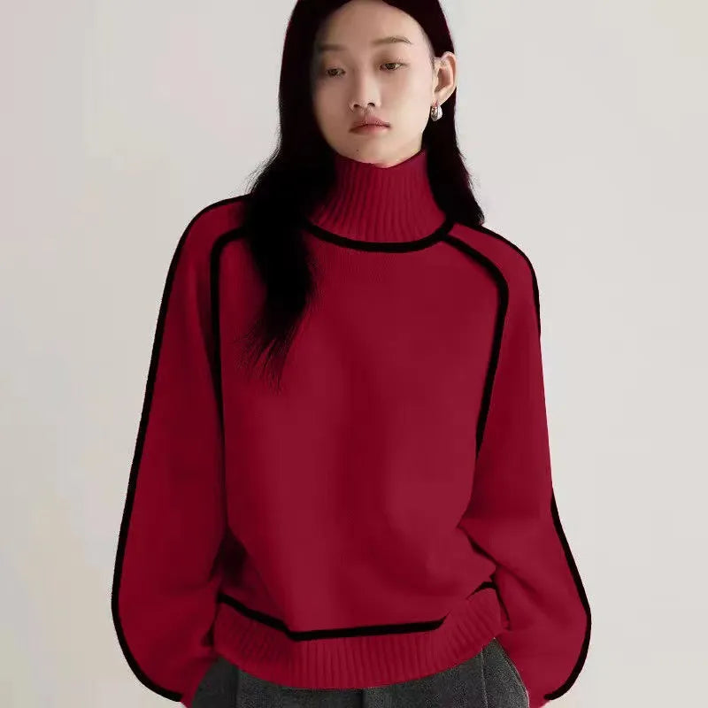 Contrast Trim High Neck Loose Pullover Sweater