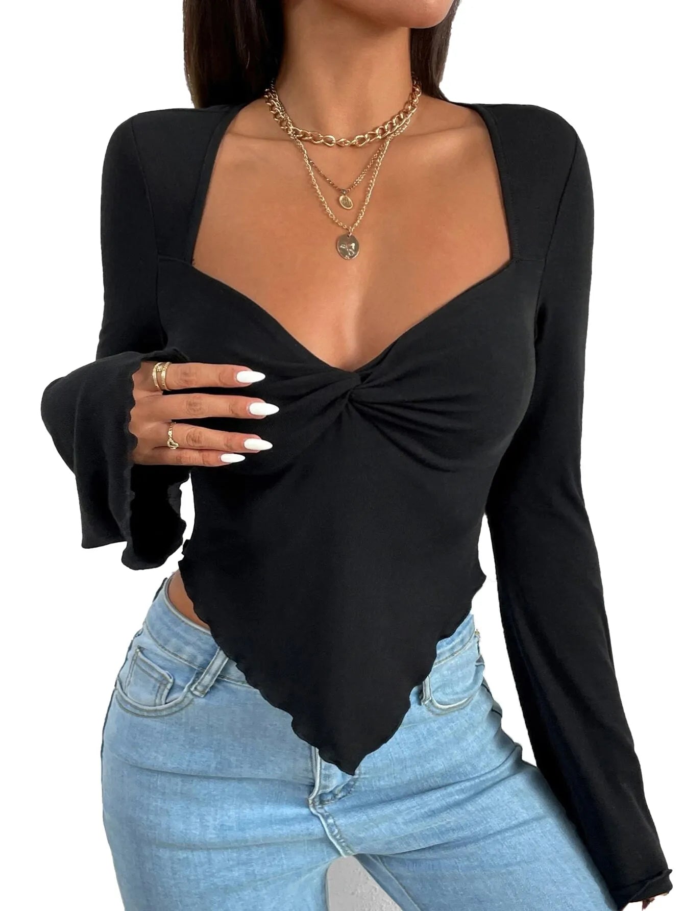 Twist Front Sweetheart Neck Blouse, Flare Long Sleeve Asymmetrical Hem Top (4 Colors)