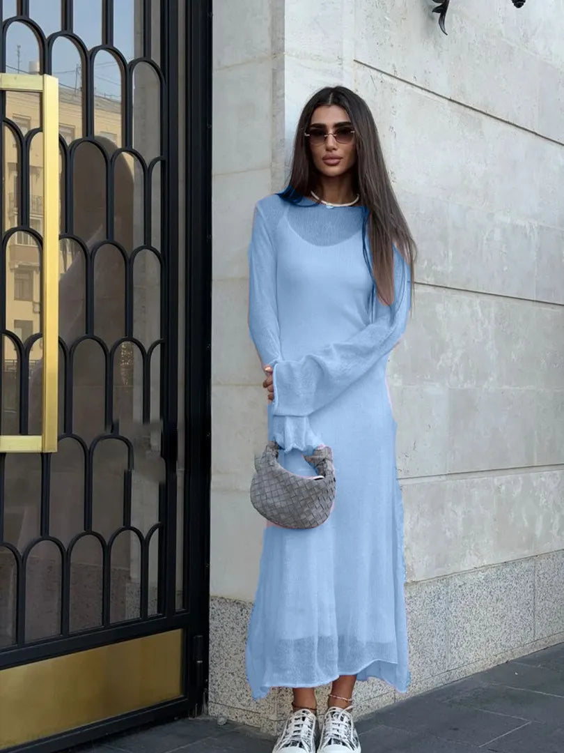 Light Pink Semi Sheer Knit Dress, Ladies Crew Neck Flared Sleeve Elegant Long Knit Midi Dress