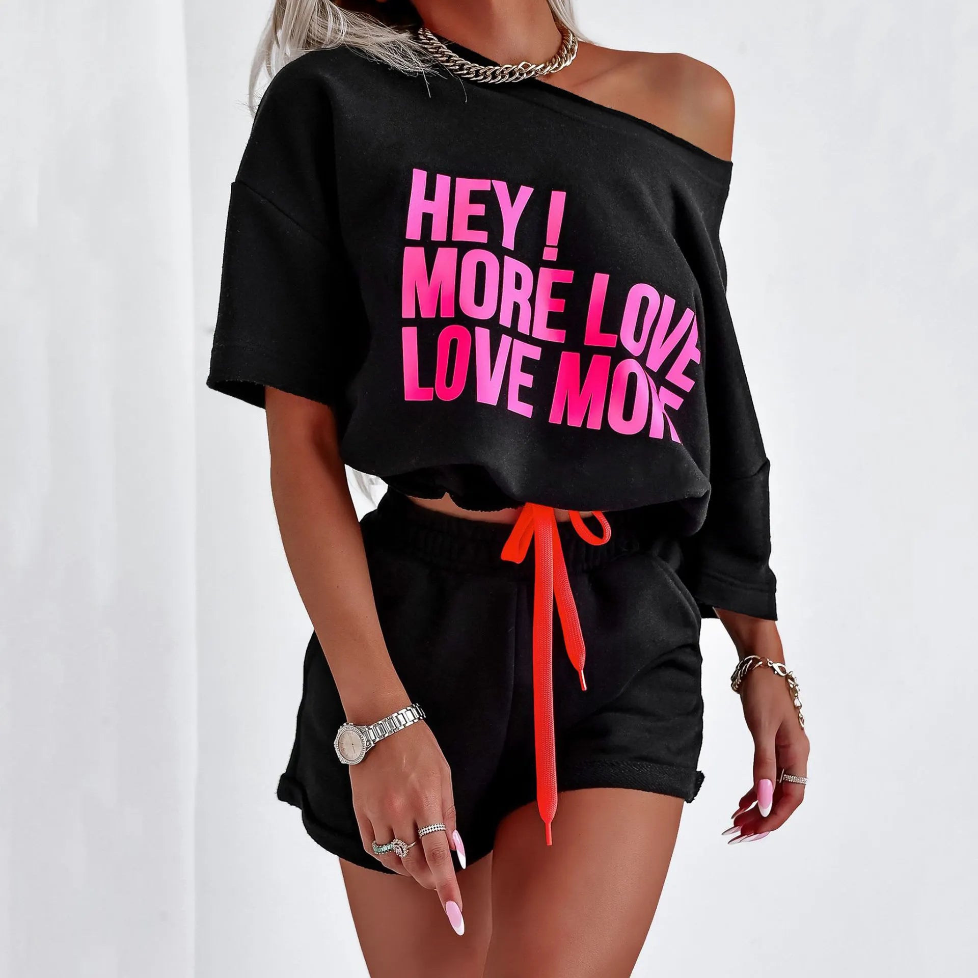 Pink Letter Print Oversized T-Shirt & Drawstring Shorts Set