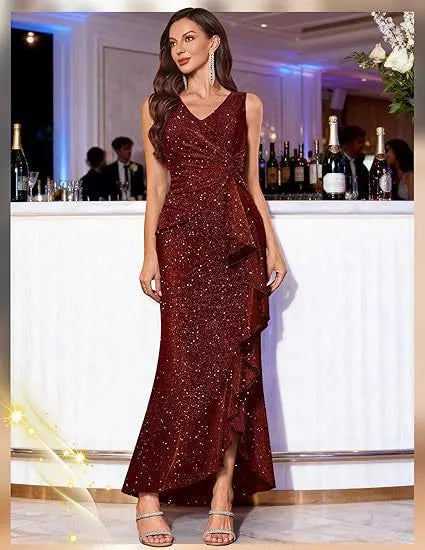 Sleeveless V Neck Sequin Maxi Dress, Ruched Ruffle Split Hem Formal Evening Gown