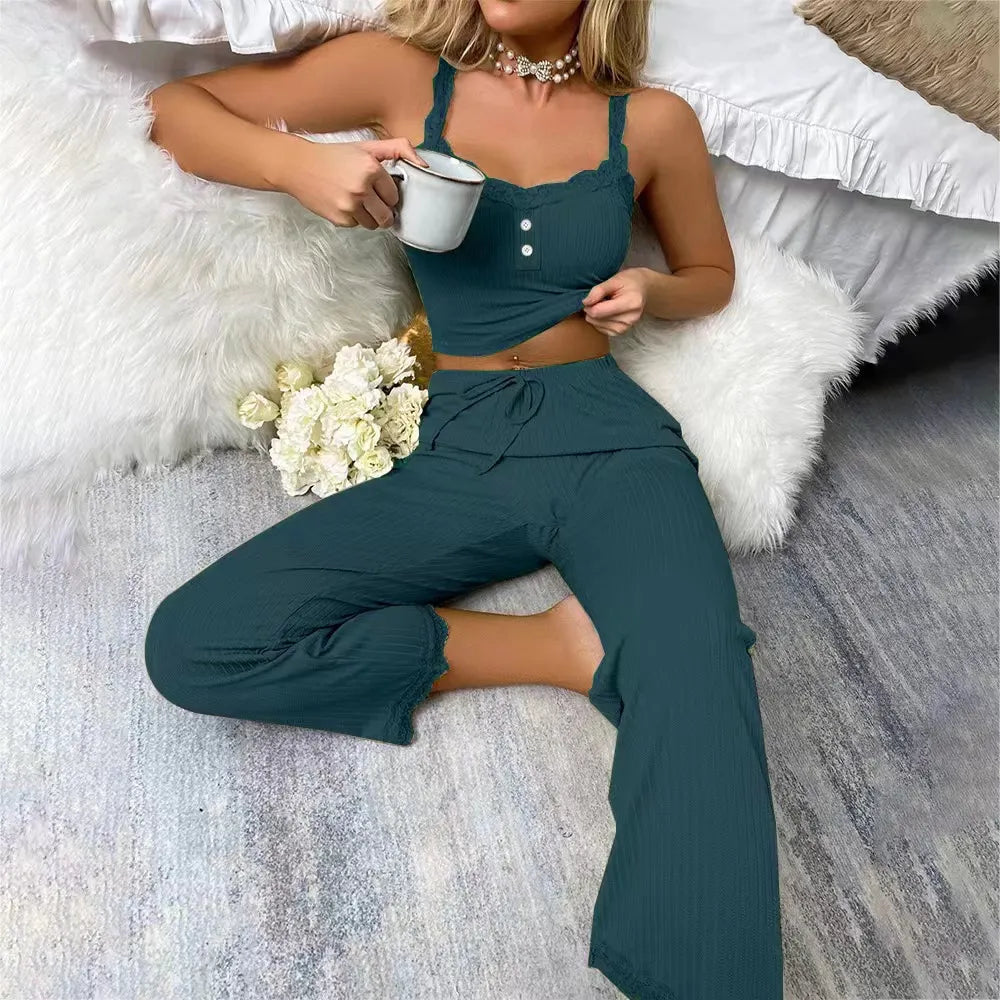 Lace Trim Button Front Cami Long Pants Loungewear Set