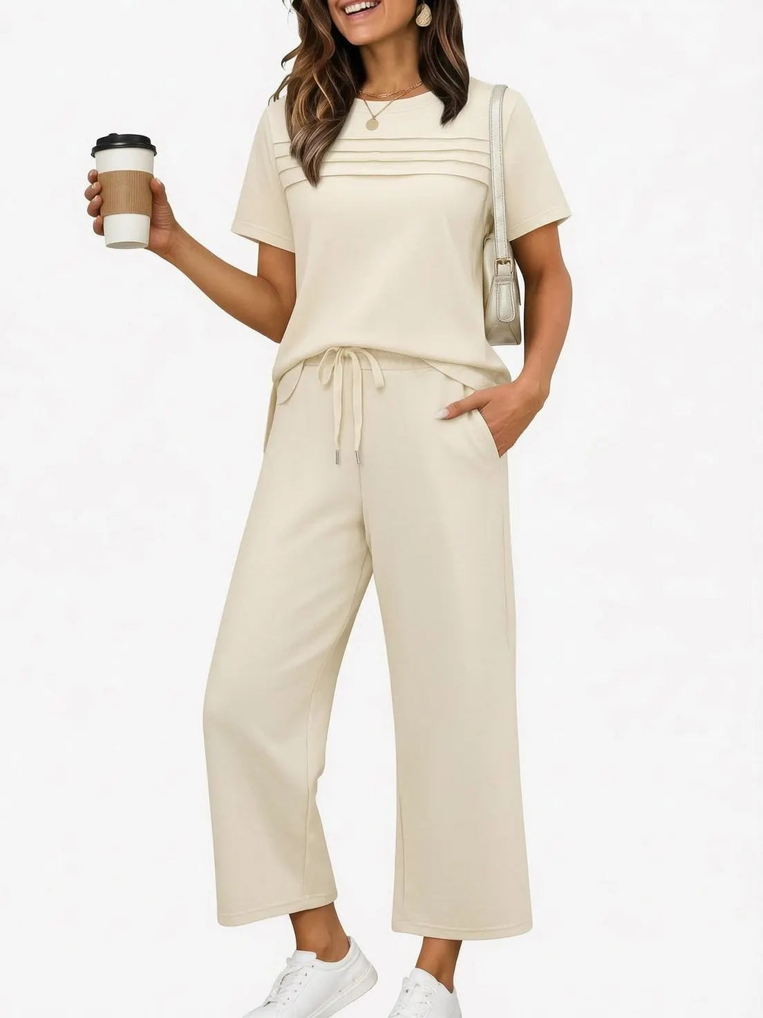 Solid Color Pleated Round Neck Short Sleeve Drawstring Nine-Point Pant Casua
