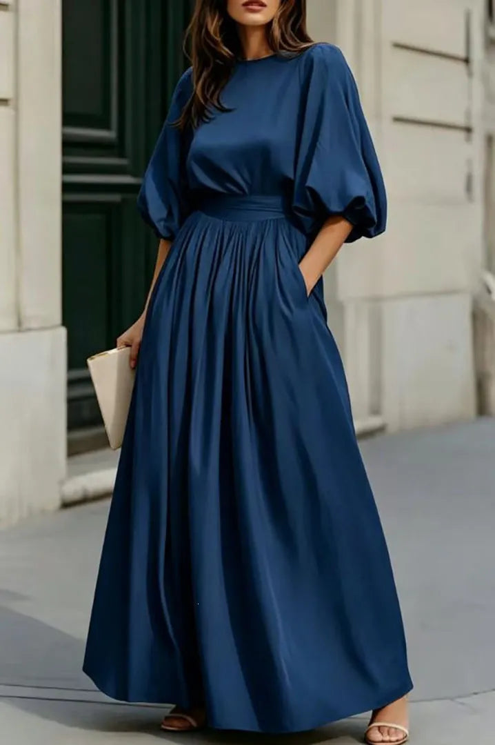 Cream Puff Short Sleeve High Waist Flowy Maxi Dress with Pockets