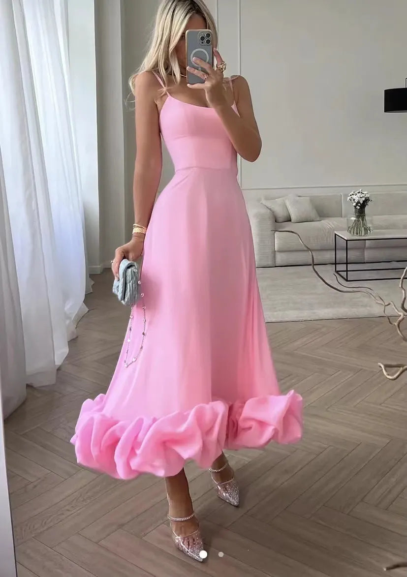 Solid U-Neck Sleeveless High Waist Pleated Flare Midi Dress