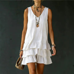 Sleeveless V-Neck Loose Tiered Ruffle Hem Solid Casual Mini Dress