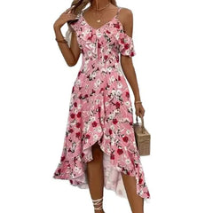 Floral Print V-Neck Cold Shoulder Ruffle Hem High Waist Maxi Dress