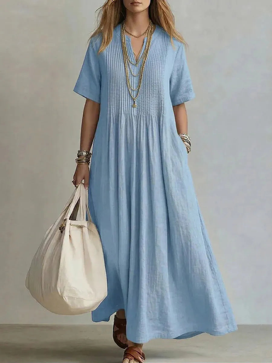 Solid Color V-Neck Pleated Loose Cotton Linen Maxi Casual Dress
