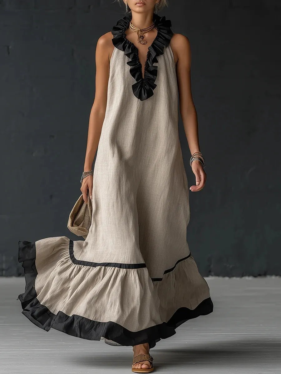 Contrast Ruffle V-Neck Sleeveless Maxi Dress
