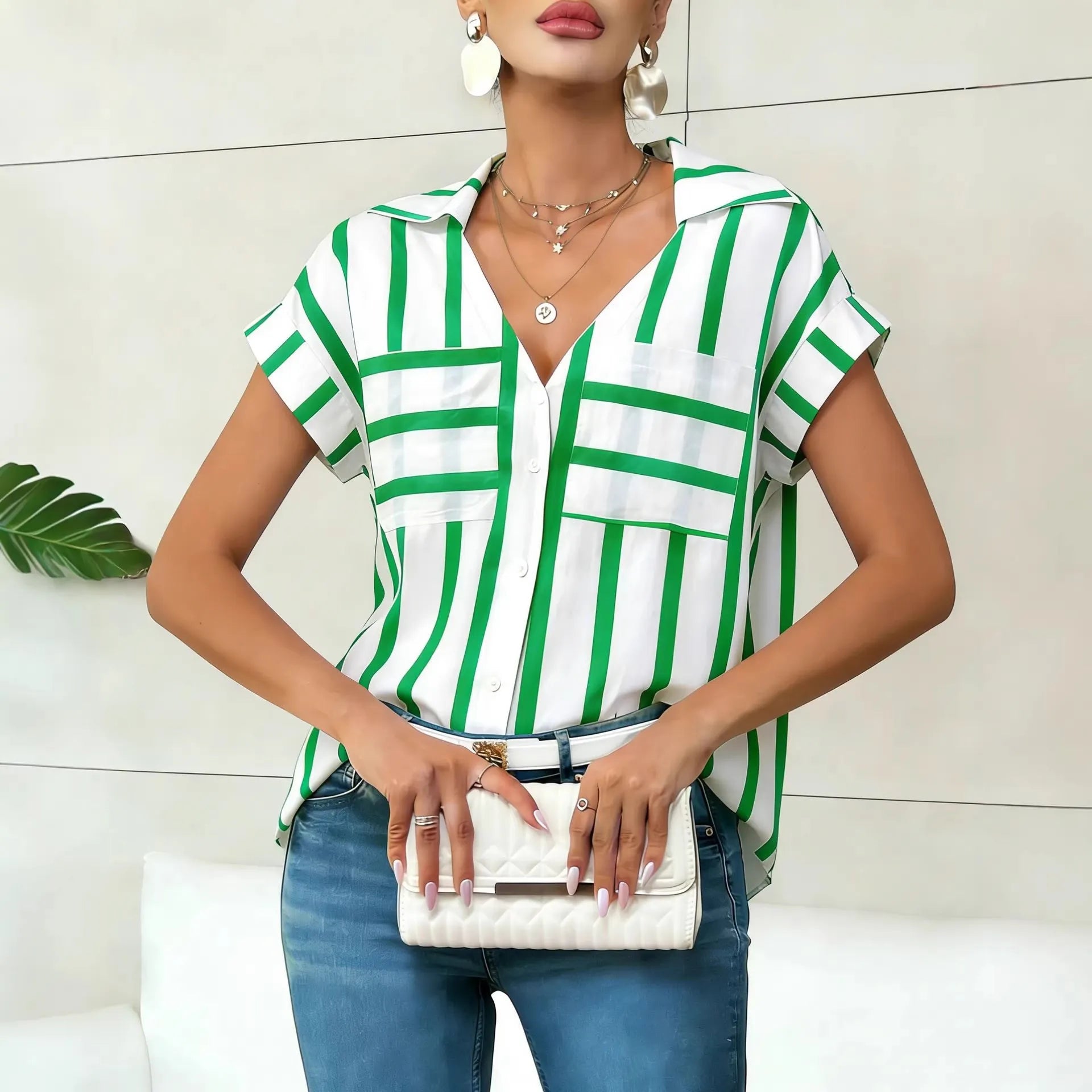 Striped Print V-Neck Batwing Sleeve Pocket Shirt