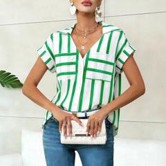 Striped Print V-Neck Batwing Sleeve Pocket Shirt