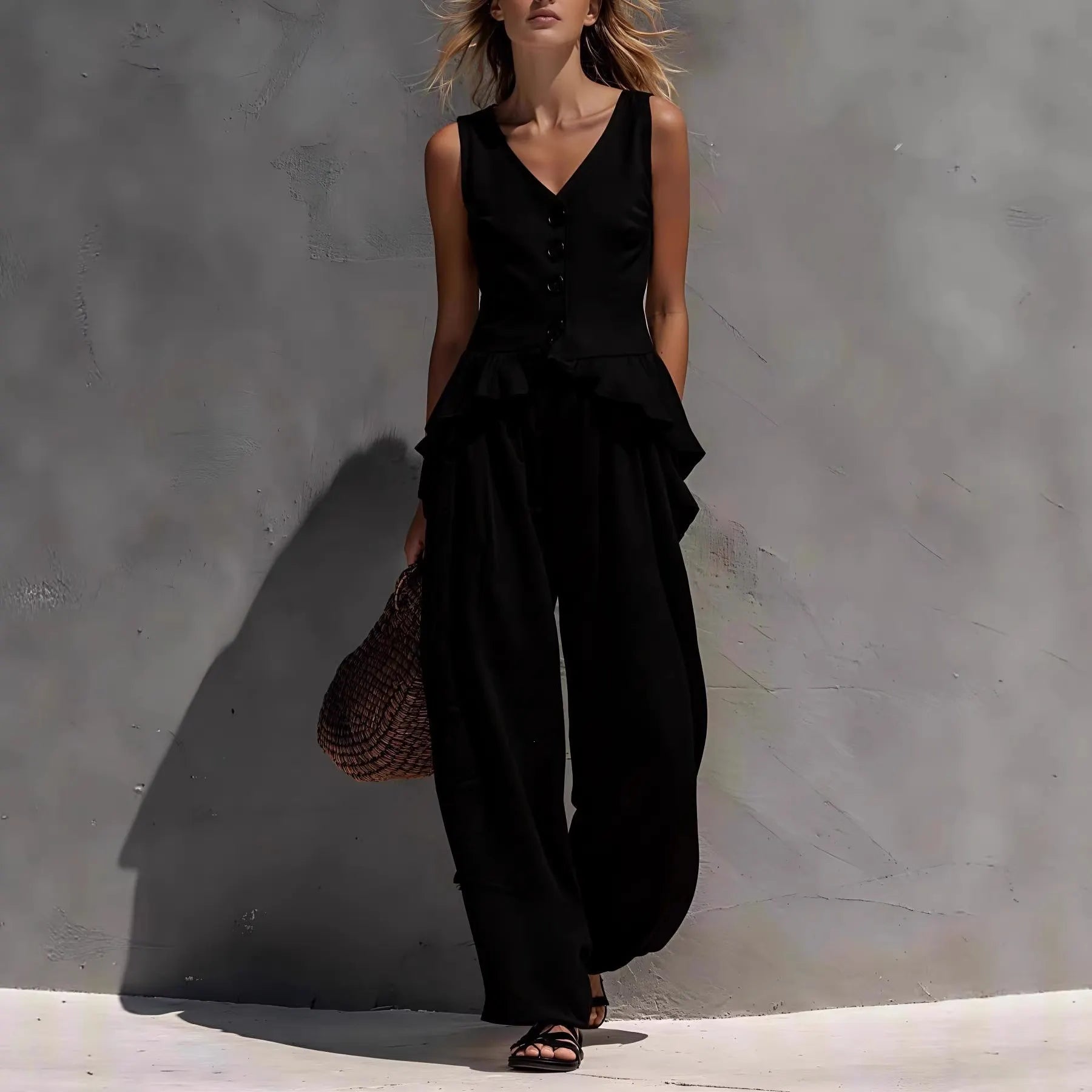 White Ruffled V-Neck Tank & Wide-Leg Pants Set