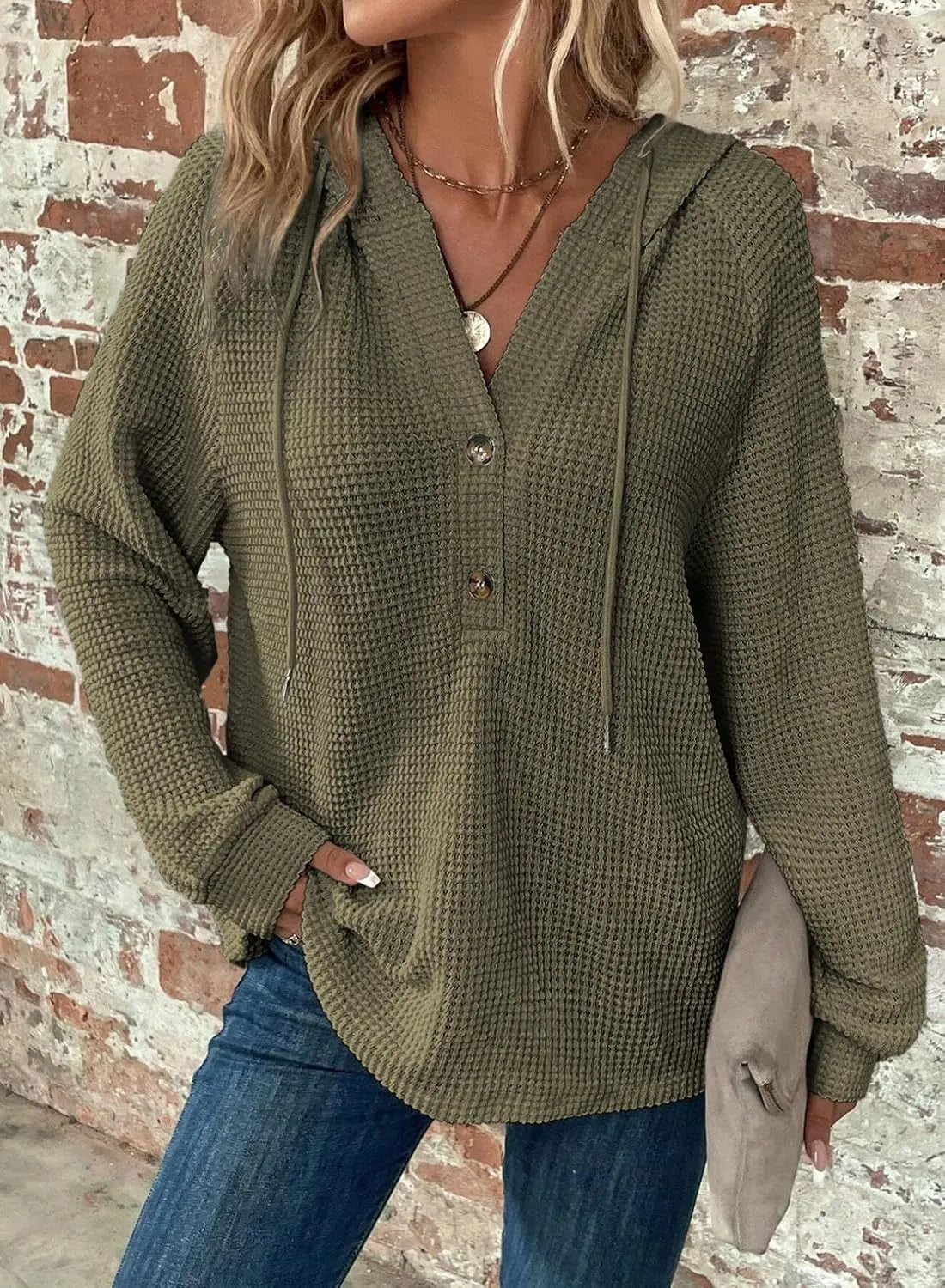 Waffle Knit Hooded Top, V-Neck Button Front Oversized Sweatshirt for Fall